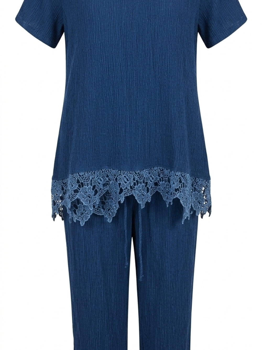 Boho Lounge Set Women 2PC Blue Lace Trim 100% Rayon‎ Wide Leg Pants Petite M - Picture 2 of 10
